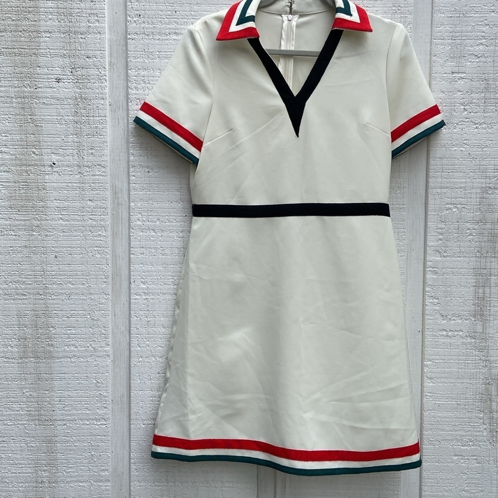 SooDee Dress Cream Red Green Stripe Tennis Prep Knit Stretch Extra Large Retro
